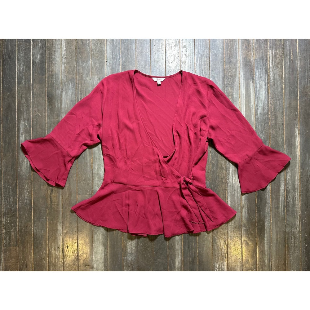 Candies Womens Red Wrap Peplum Blouse Bell Sleeve V-Neck Top